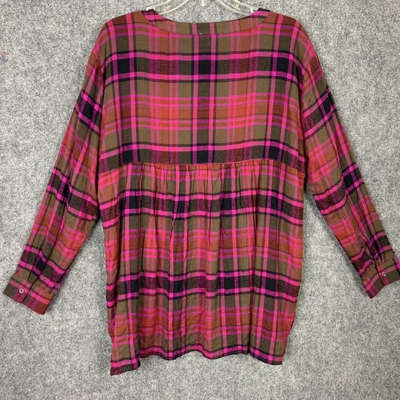 Jane & Delancey Long Sleeve Top S Pink Navy Plaid Hi-Low Light Weight Flannel - Picture 6 of 12
